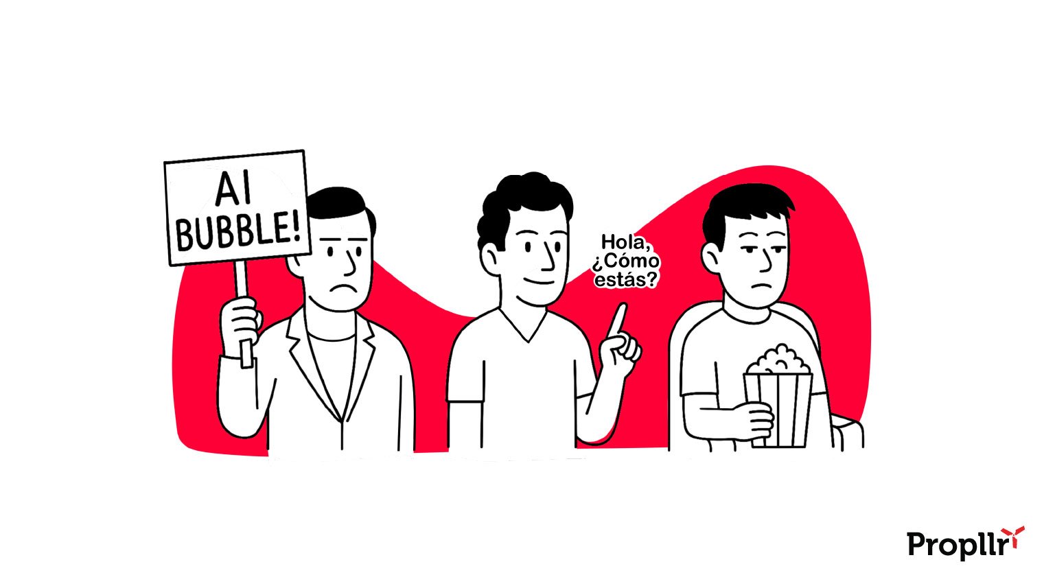 Illustration of three men. One is frowning and holds a sign that says "AI Bubble!" One is smiling slightly and pointing to the words "Hola, Cómo estás?" and one is looking annoyed, sitting in a chair and holding a tub of popcorn.