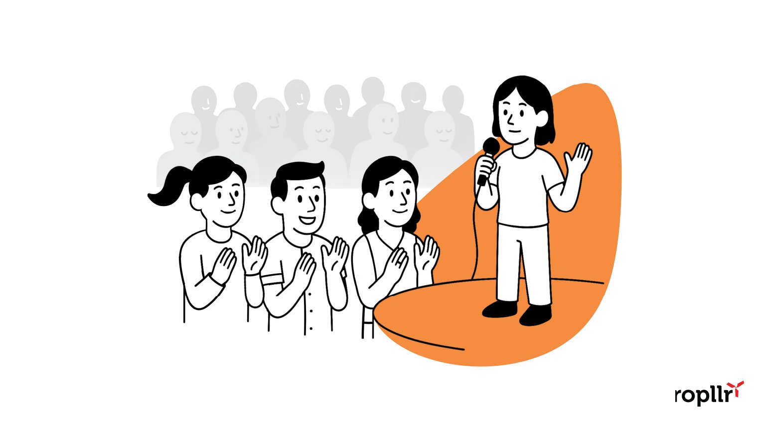 Illustration of a person on a stage holding a mic, with three people in the audience clapping. In the background are grayed-out human-like figures.