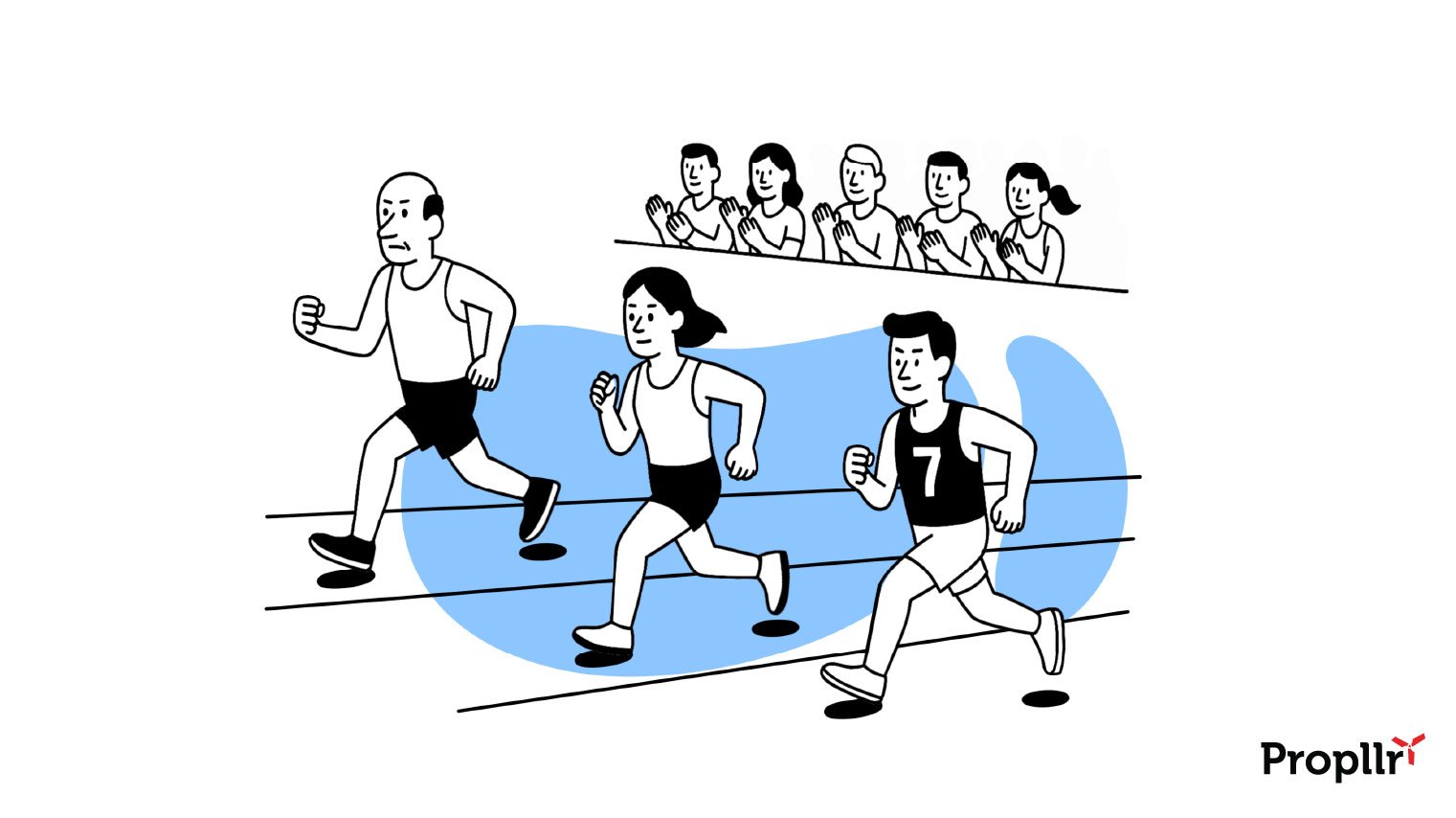 Illustration of three runners with five people cheering in the background