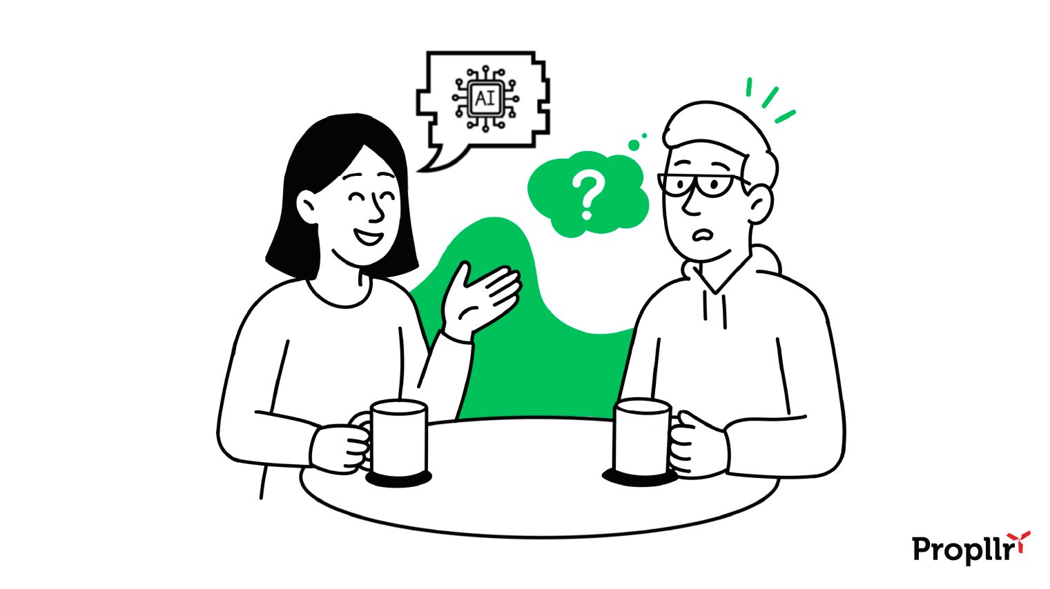 A woman and man at a table with mugs. The woman is smiling. A speech bubble is coming from her mouth with "AI" in it in an icon that looks technical. The man looks confused and has a question mark in a thought bubble coming from his head.