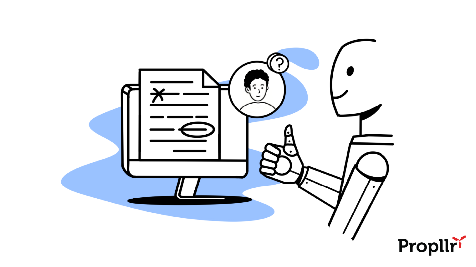 Robot giving the thumbs-up to a computer screen with a document coming out of it. In the upper right-hand corner of the screen is a circle with a human face in it and a question mark over their head