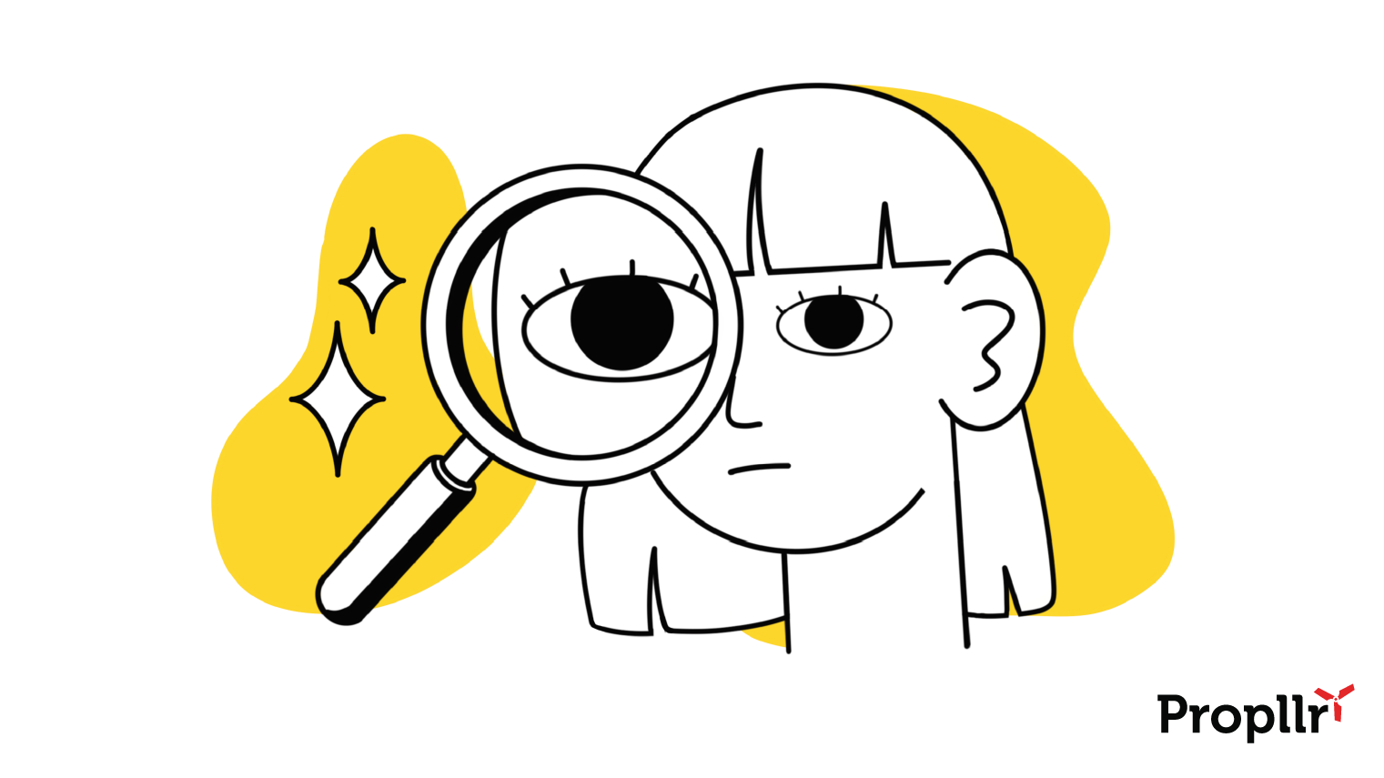 Illustration of a human head with a magnifying glass over one eye, making that eye appear much larger