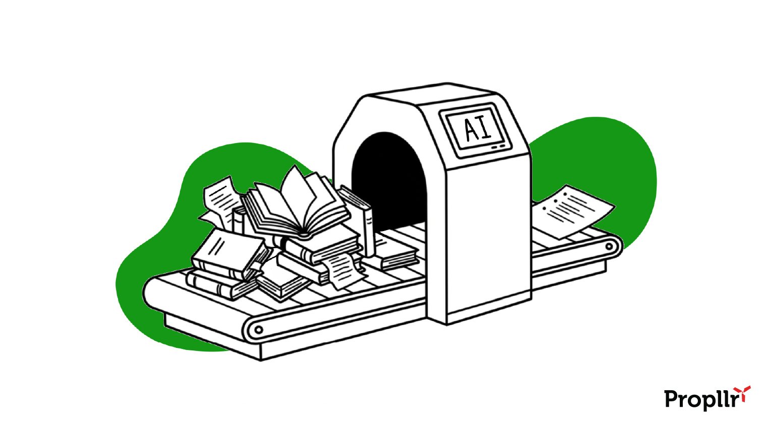 Illustration of a pile of books going through an arch labeled "AI" with a single bulleted page coming out on the other end