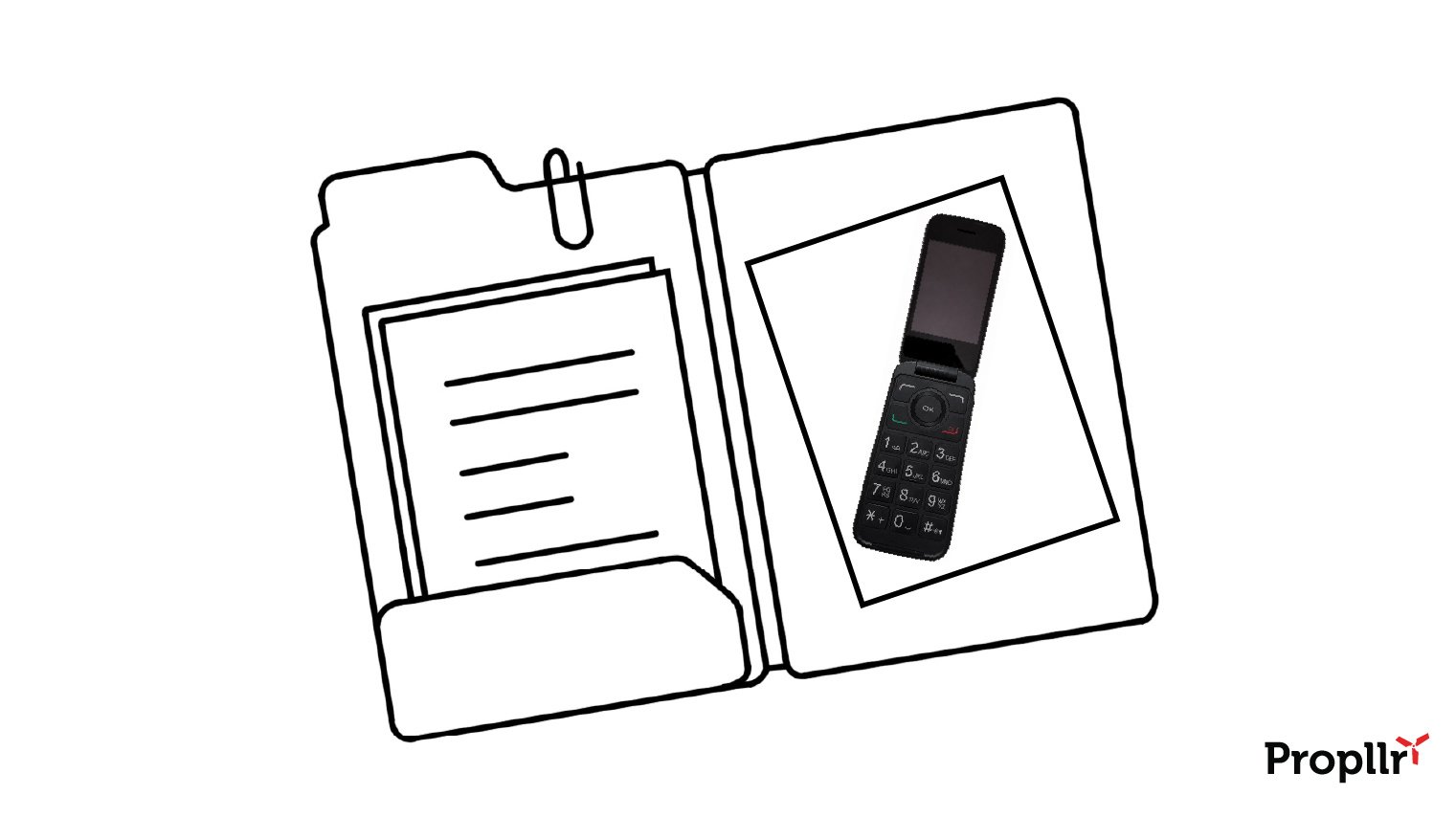 Illustration of an open file folder with a photograph of a flip phone on the right-hand side