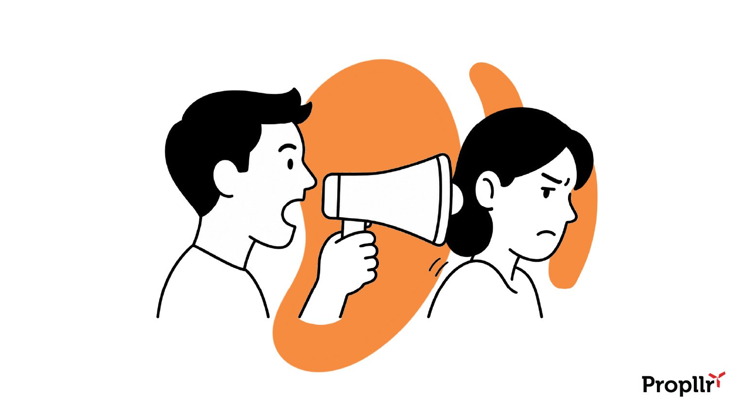 Illustration of a man speaking into a megaphone pointed at a woman's ear. The woman is frowning