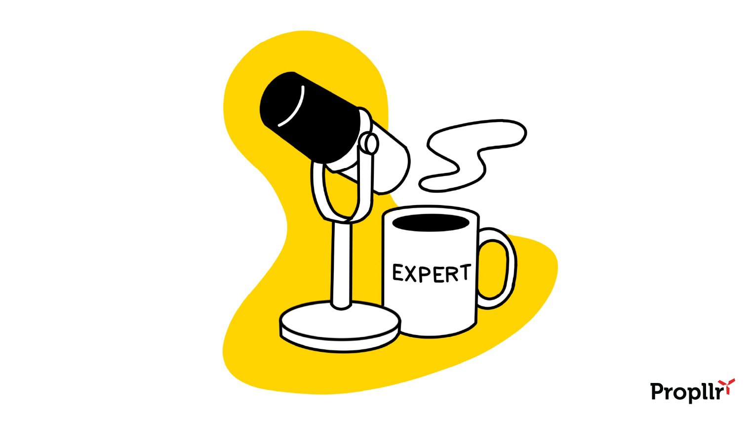 Illustration of a desk microphone next to a steaming mug of coffee with "Expert" on it