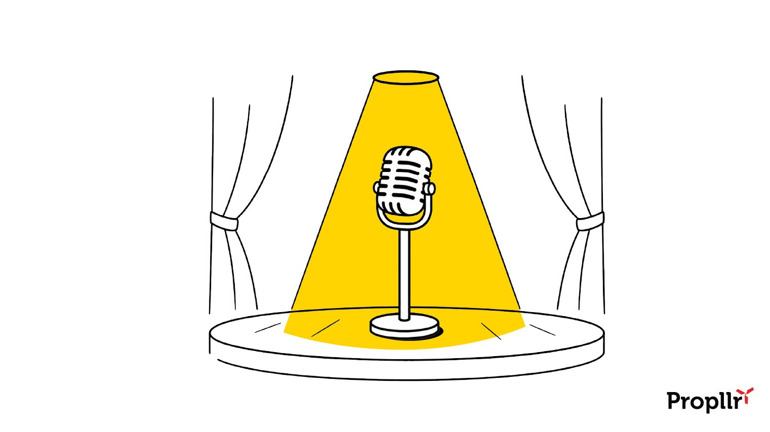 Illustration of a single microphone on a stage with a spotlight shining on the mic