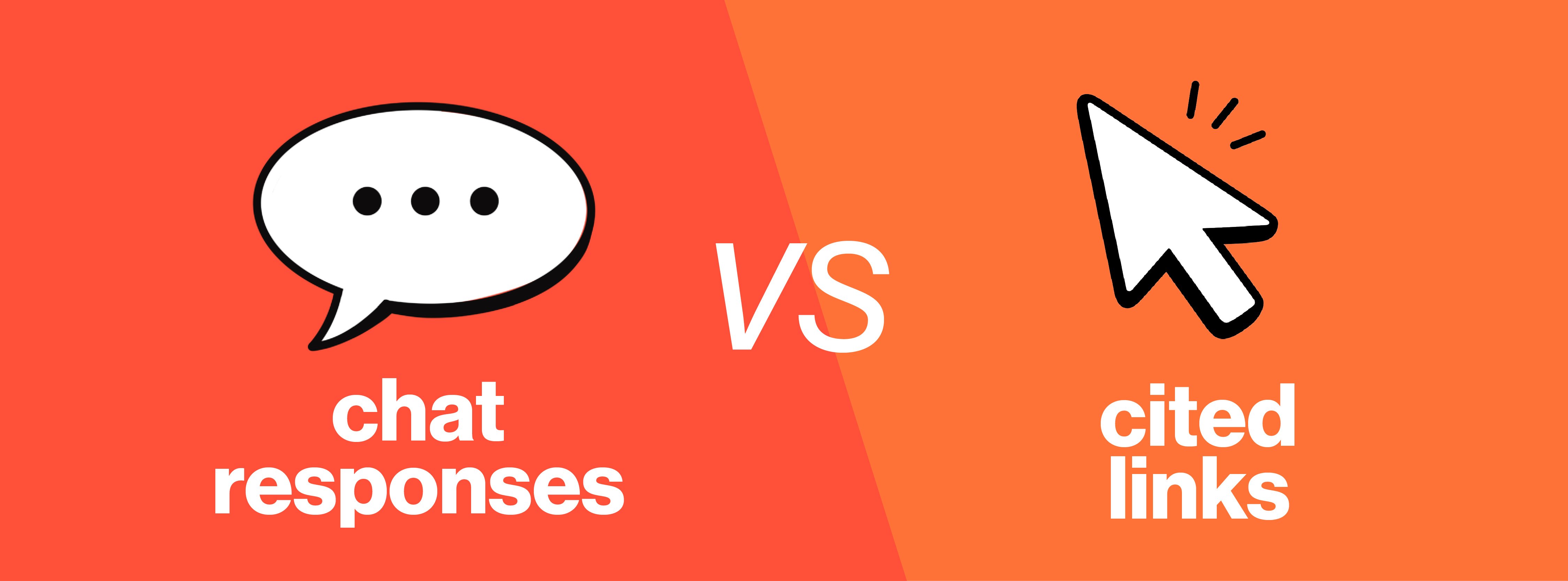 Orange banner. Left-hand side features a speech bubble with an ellipsis inside; text below reads "chat responses." In middle, text reads "Vs." On the right-hand side a pointing arrow shows clicking animation. Text below reads "cited links."