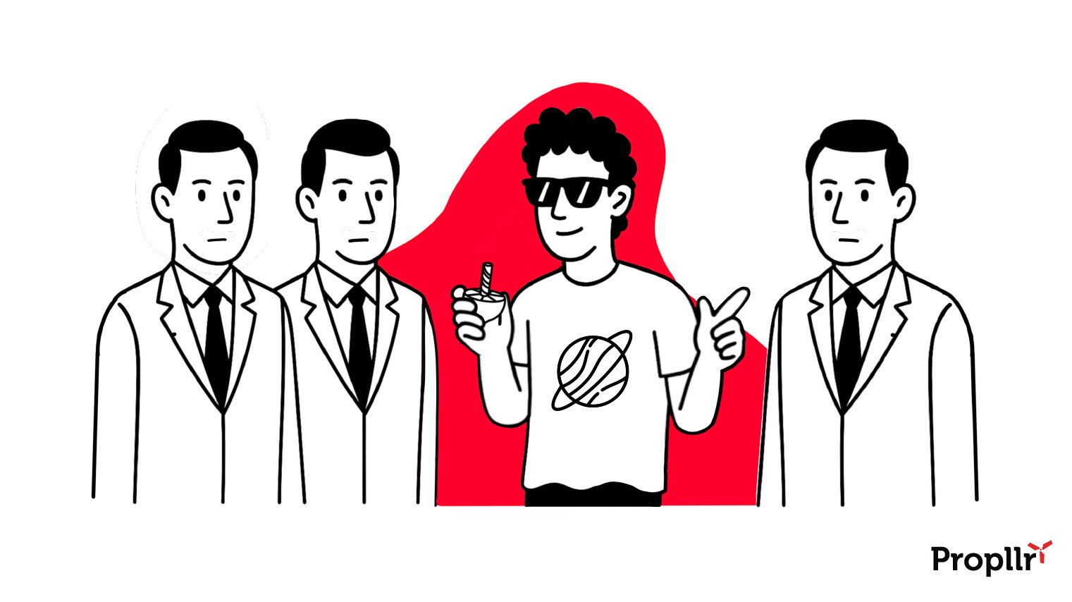 Three identical men in suits; in the middle stands a man in a t-shirt and black pants holding a lemon with a peppermint stick. He is wearing sunglasses