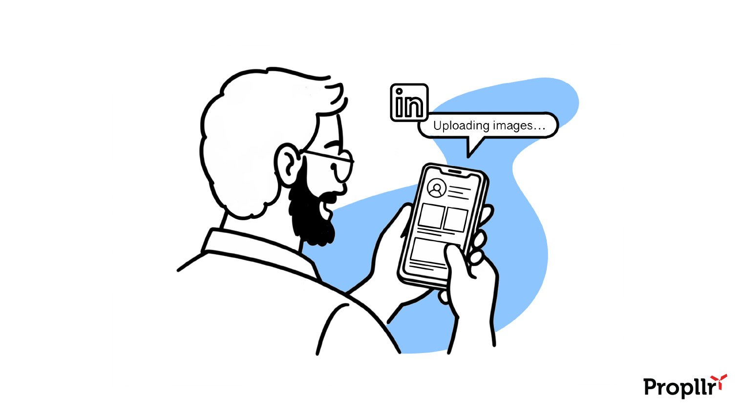 Illustration of a man looking at his phone. The LinkedIn icon is in the corner and a speech bubble reads "Uploading images..."