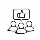 An icon illustrating the concept of "network" for hardtech startups: three human-like figures with a speech bubble that contains a thumbs-up