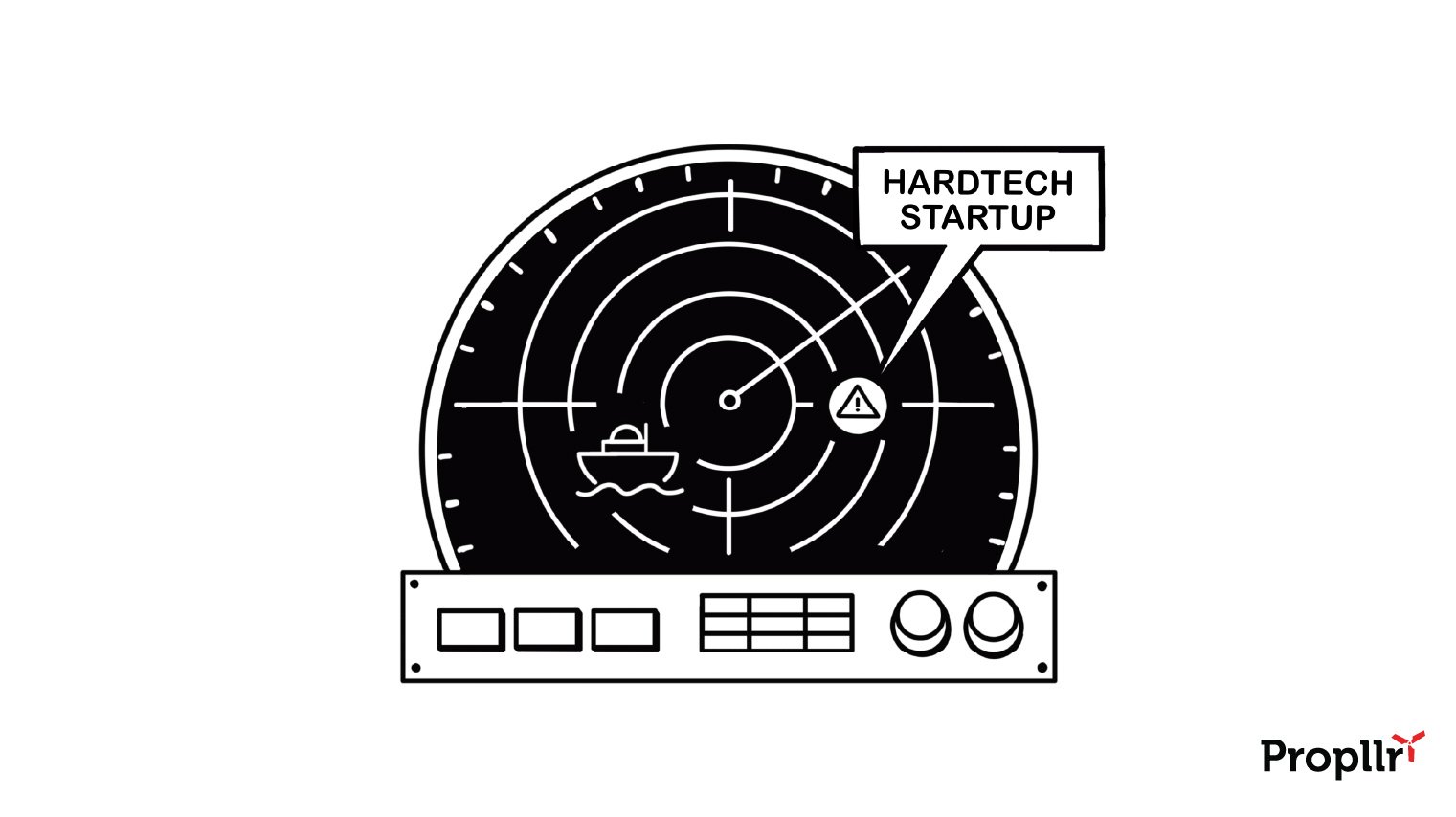 Illustration of a radar screen with a warning sign and speech bubble coming out of it that reads "Hardtech Startup"