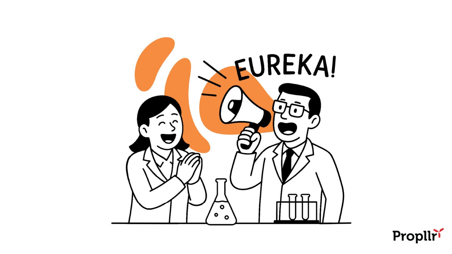 Illustration of man in lab coat standing near vials and holding a loudspeaker. He is shouting "Eureka!" A woman is clapping and laughing.