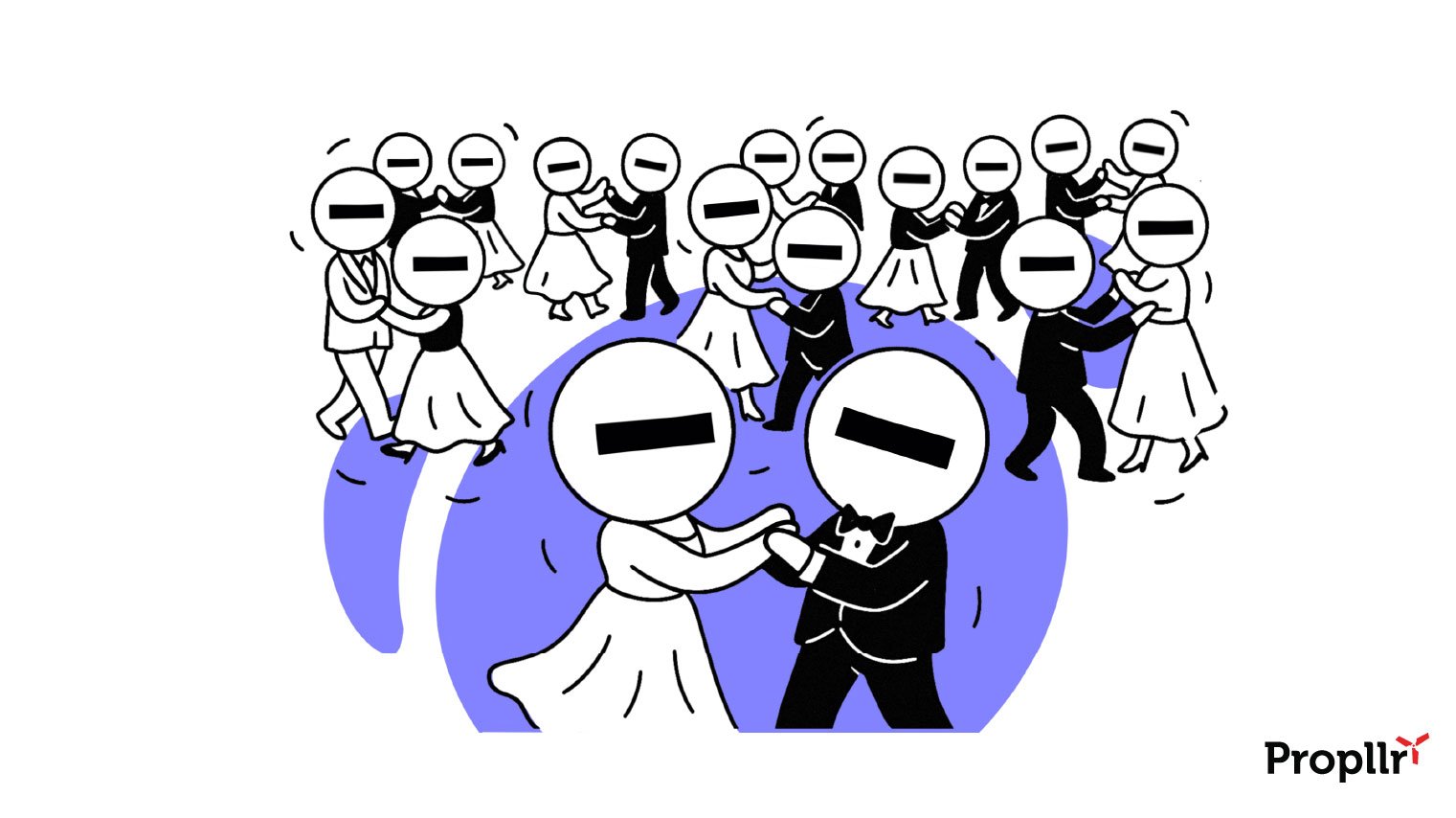Illustration of electrons with ballroom outfits on, dancing around a space