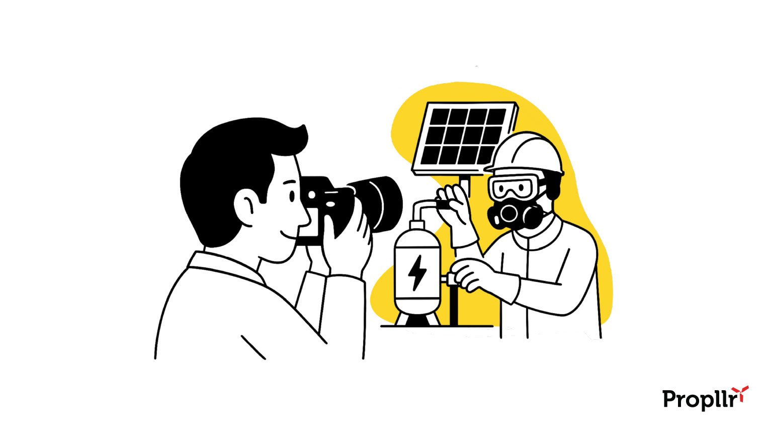 Illustration of a photographer taking a picture of a scientist in PPE holding up a solar panel attached to an energy cell