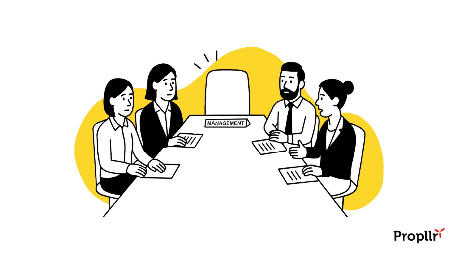 Cartoon of four people sitting around a long conference table. The head seat, labeled "management," is empty with marks indicating surprise.