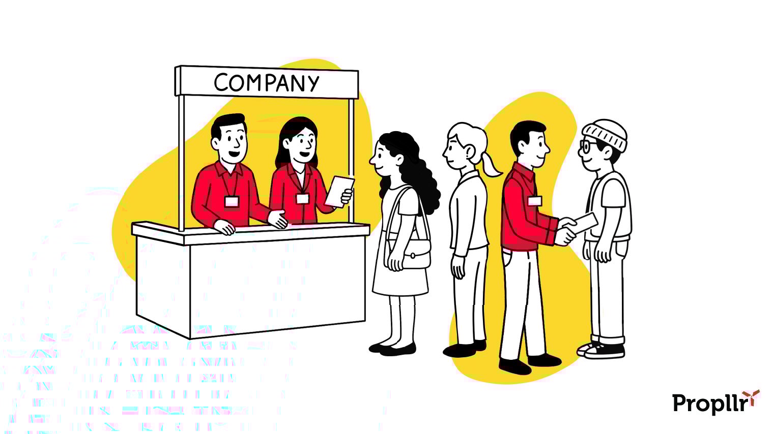 Illustration of a trade booth: two red-shirted people are behind the booth, which has a line of people. Another red-shirted person is talking to one of the people in line.