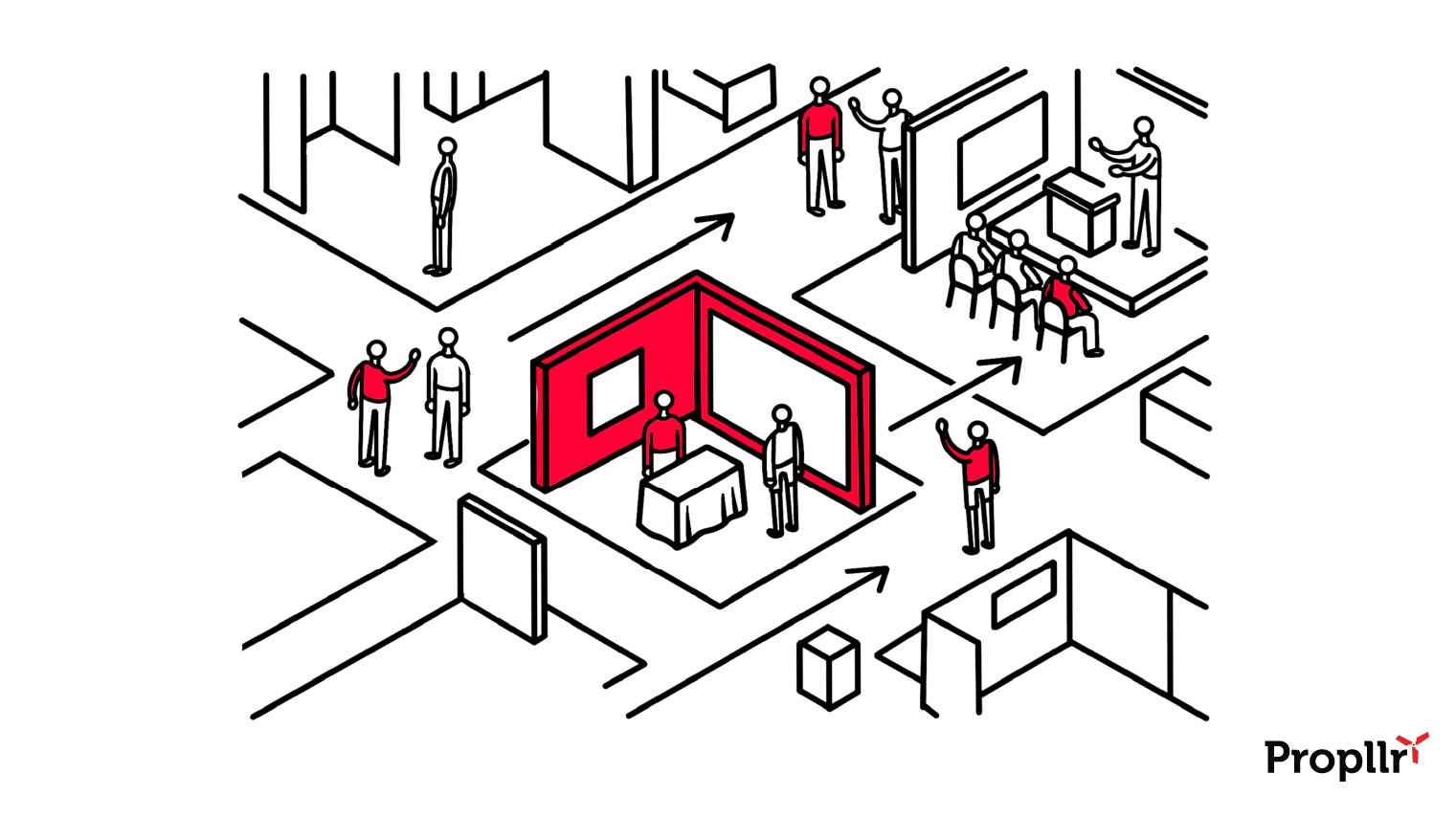 Illustration of a trade show with red-shirted, illustrated people spread out throughout the venue