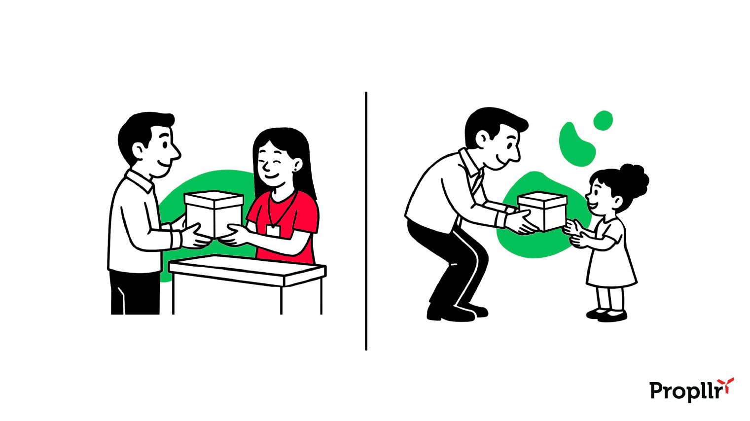 Two-frame illustration: first, a red-shirted employee handing a box to a worker; second, a worker handing the box to a child