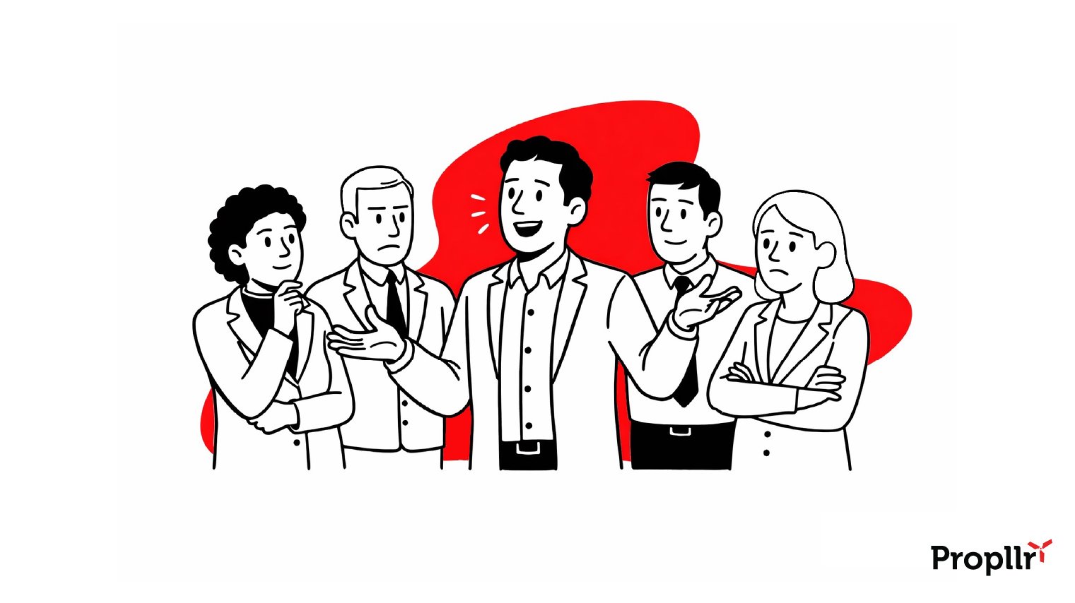 Group of five business people. Man in the middle is smiling and talking with his arms spread. Two listening look intrigued; two look skeptical.