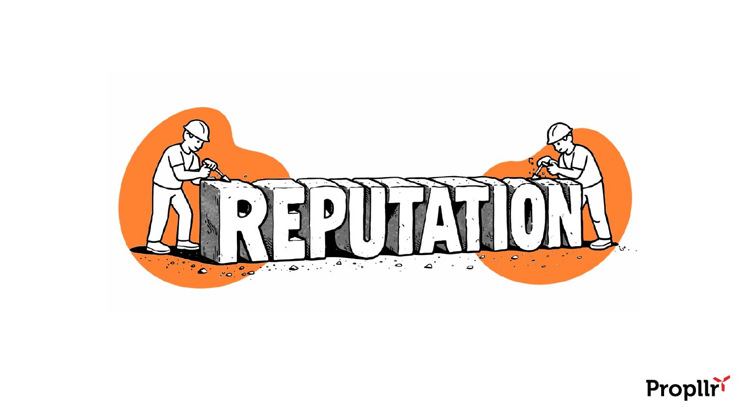 Illustration of two men in hard hats chiseling the word "REPUTATION" out of what looks like stone